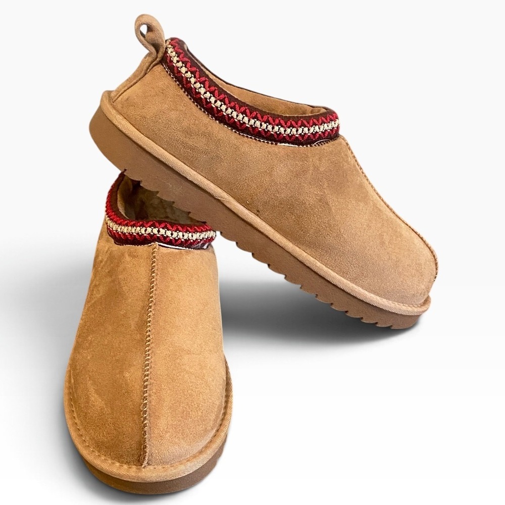 Maurices Faux Suede Embroidered Braid Trim Faux Fur Lined Slippers 9M Tan #180J